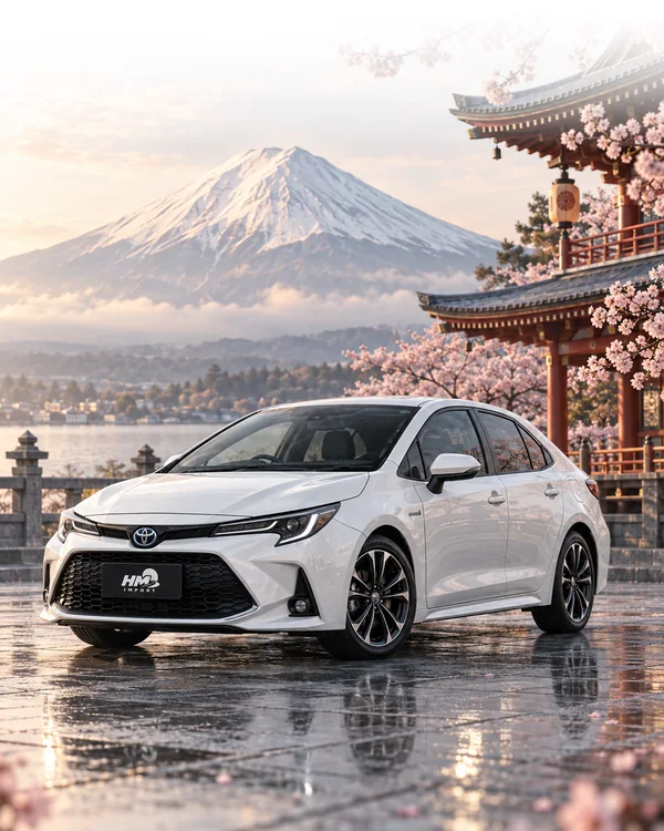 Белая Toyota Corolla на набережной у японского храма, за ней гора Фудзи и цветущая сакура